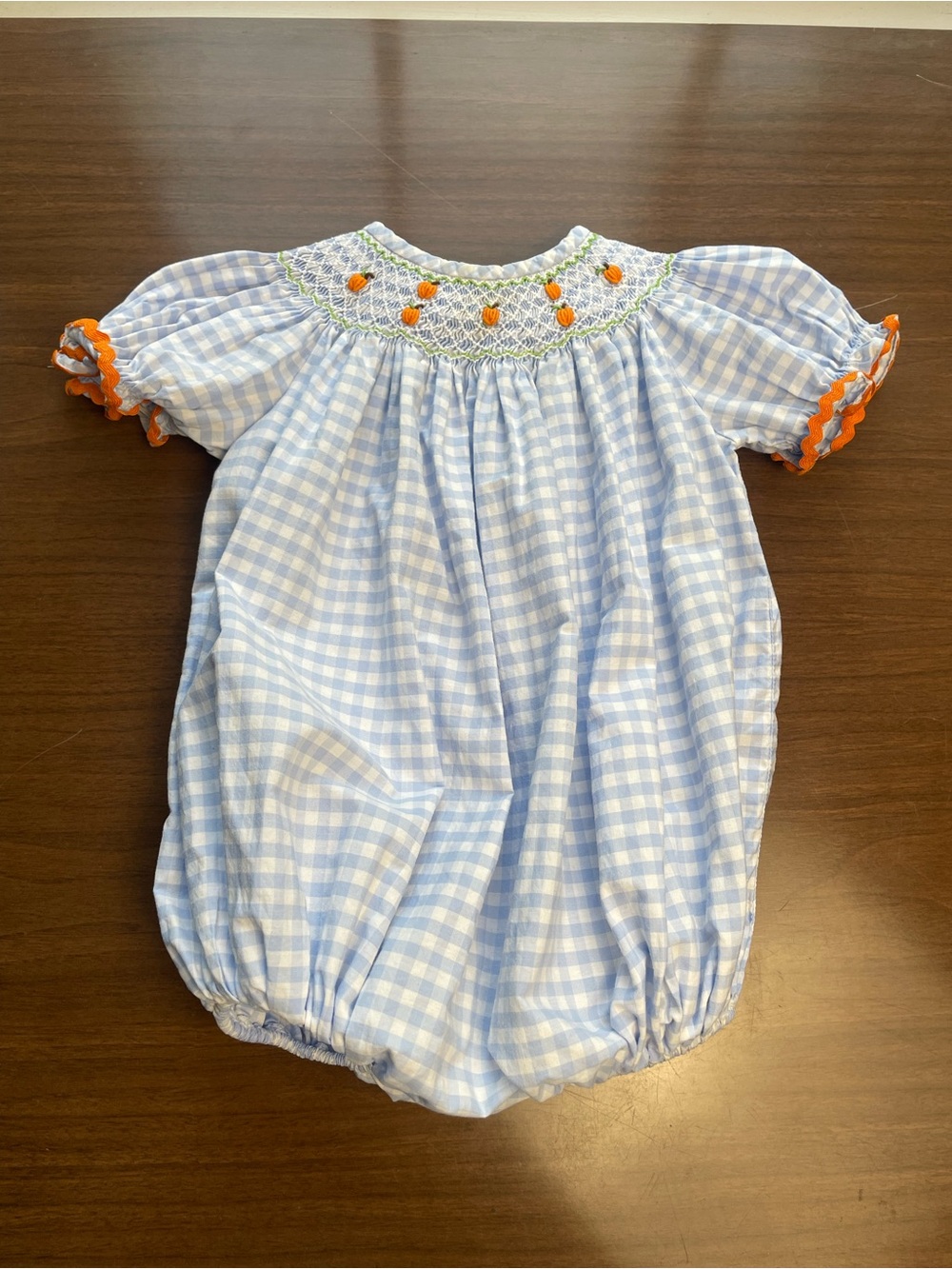 Blue Gingham Smocked Baby Bubble with Orange Trim and Pumpkin Embroidery